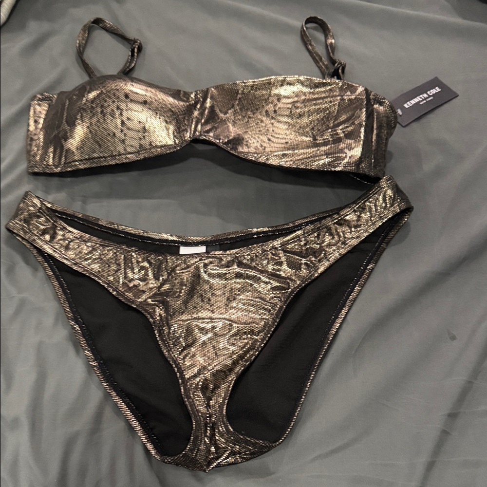 Kenneth Cole Metallic Snake-Print Bikini - Gold & Black